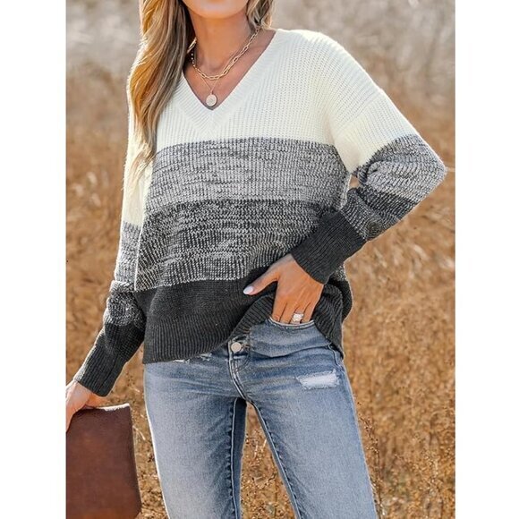 CUPSHE Women Sweater Striped V-Neck Tops‎ Long Drop Sleeve Pullover Casual (S) - Picture 3 of 5